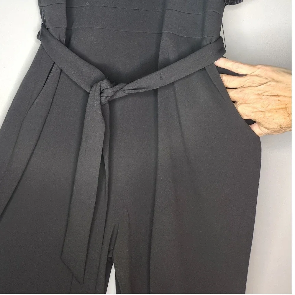 Eliza J Pleated Flutter Sleeve Belted V Neck Jumpsuit Black 14 Party Wedding - Picture 7 of 10